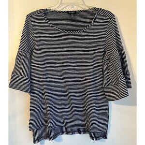 Jones New York Women’s Size Medium Blue White‎ Stripe Ruffle Sleeve Top Blouse